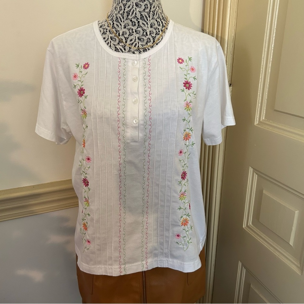 Vintage Embroidered Floral White Short Sleeve Top SZ L - Picture 5 of 9